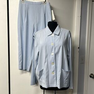 2 piece light blue and white striped pants and long sleeve button down shirt.